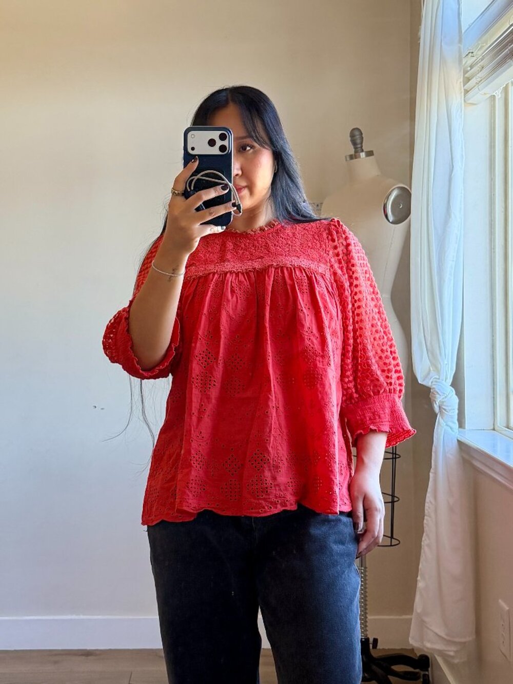 Anthropologie Red Lace Eyelet Top | Embroidered Boho Blouse | Cotton Rayon | XL